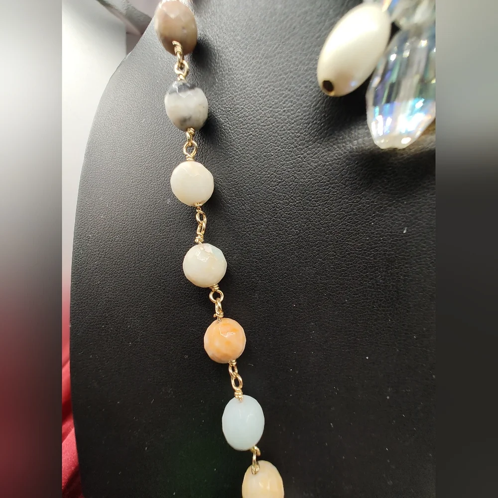 Vintage Gold Tone Chain Link Stone & Crystal Necklace Screw Back Crystal Earring - Picture 6 of 8